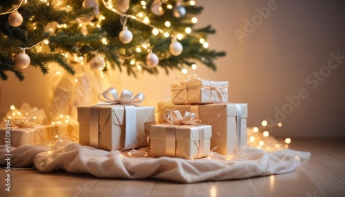 merry christmas background with a close-up of beautifully wrapped gifts under a decorated tree, soft fairy lights in the background, copy space above, ai