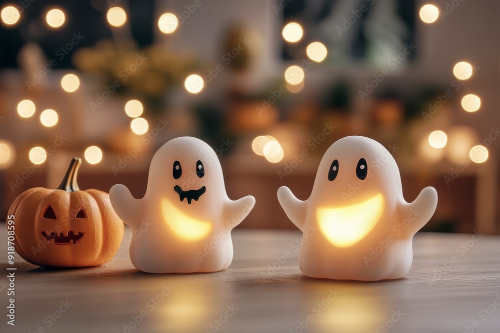 Halloween Spirits, Cute glowing ghost decorations with a pumpkin, Festive Atmosphere. Halloween Spirits, Cute glowing ghost decorations with a pumpkin, Festive Atmosphere.