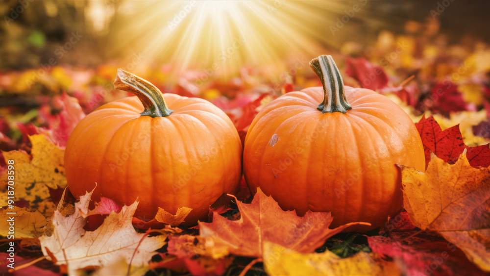 Autumn Pumpkins with Sunlight and Leaves Autumn Pumpkins with Sunlight and Leaves