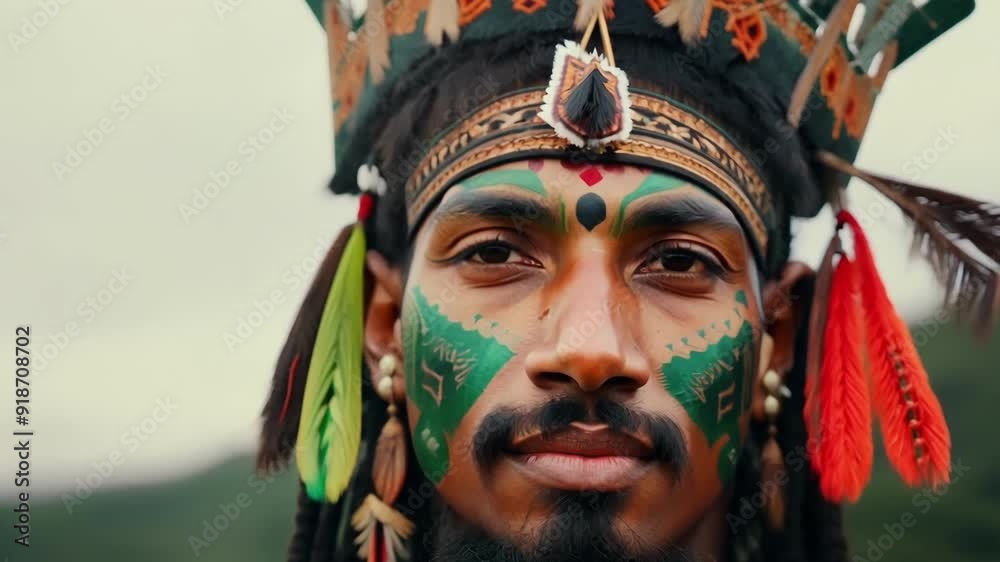Through a closeup shot the details of the Aztec warriors face paint can be seen showcasing the significance of each design and the feathers adorning their face. Through a closeup shot the details of the Aztec warriors face paint can be seen showcasing the significance of each design and the feathers adorning their face.