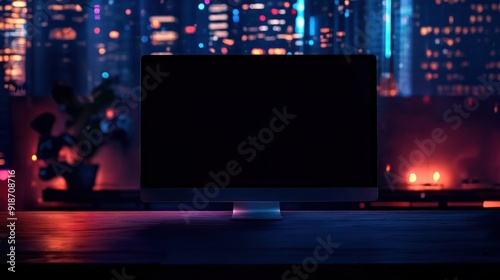 Modern desktop computer with blank screen on a dimly lit desk, high-rise city buildings visible through a large window at night.