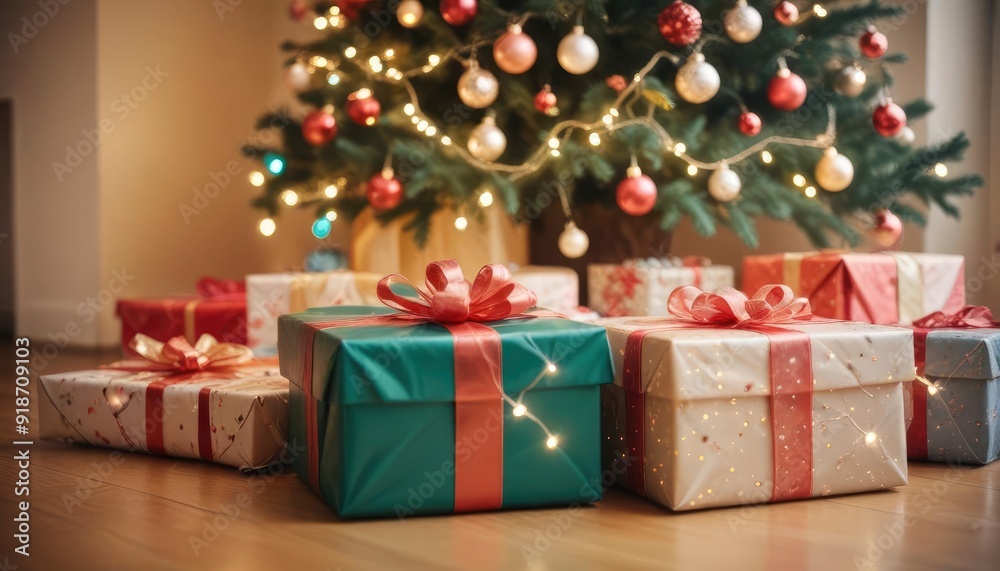 merry christmas background with a close-up of beautifully wrapped gifts under a decorated tree, soft fairy lights in the background, copy space above, high detail, vibrant color, ai merry christmas background with a close-up of beautifully wrapped gifts under a decorated tree, soft fairy lights in the background, copy space above, high detail, vibrant color, ai