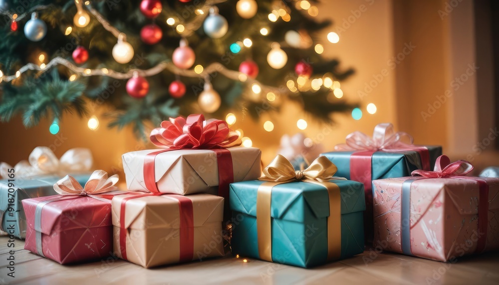 merry christmas background with a close-up of beautifully wrapped gifts under a decorated tree, soft fairy lights in the background, copy space above, high detail, vibrant color, ai merry christmas background with a close-up of beautifully wrapped gifts under a decorated tree, soft fairy lights in the background, copy space above, high detail, vibrant color, ai
