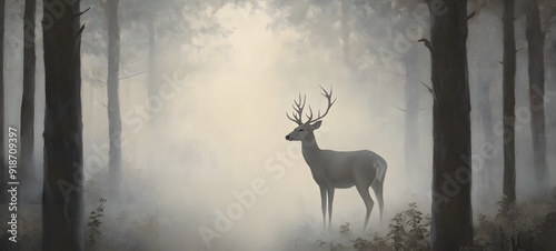 63. A serene depiction of a white-tailed deer emerging from a foggy woodland photo