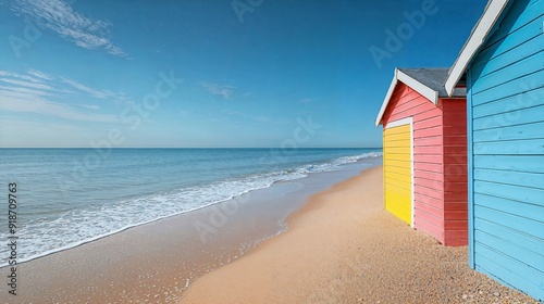 Fototapeta Naklejka Na Ścianę i Meble -  a red and blue beach hut sitting on top of a sandy beach