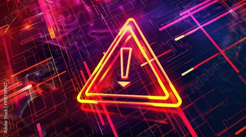 Neon Warning Sign on Digital Grid