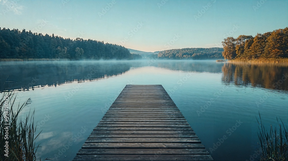 Naklejka premium a wooden dock sitting on top of a lake next to a forest