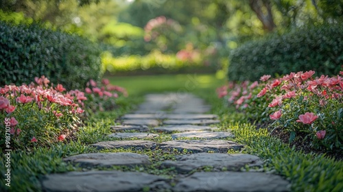 a stone path surrounded by pink flowers and greenery