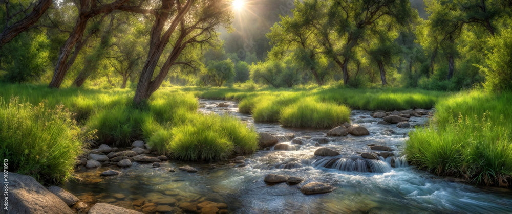 A clear stream flows through the rocks, around which are lush meadows A clear stream flows through the rocks, around which are lush meadows