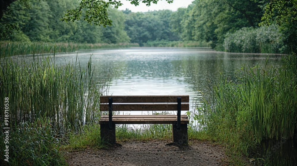 a wooden bench sitting in front of a body of water a wooden bench sitting in front of a body of water