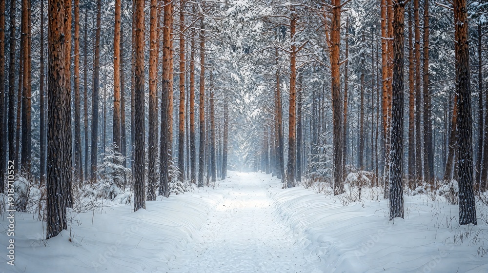 a path through a snowy forest lined with tall trees a path through a snowy forest lined with tall trees