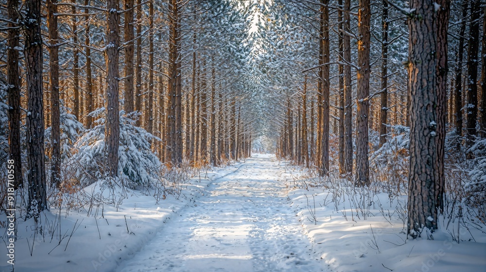 Fototapeta premium a path through a snowy forest lined with trees