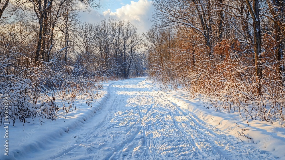 Obraz premium a snow covered road in the middle of a forest