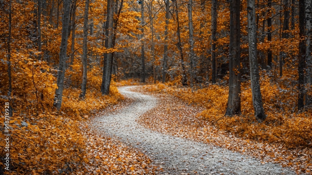 Fototapeta premium a path through a forest with lots of leaves on the ground
