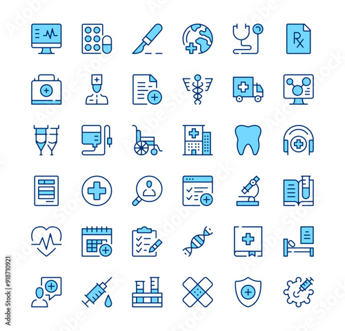 Healthcare icons. Outline symbols. Vector blue line icons set