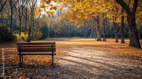 a park bench sitting in the middle of a leaf covered park