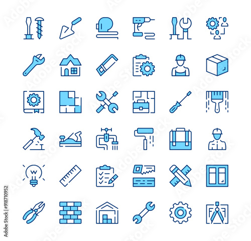 Home repair icons. Outline symbols. Vector blue line icons set