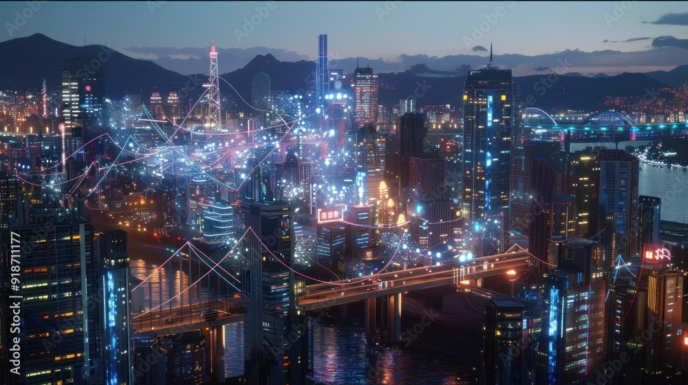 Fototapeta premium Cyberpunk Cityscape with Glowing Lines and Bridges