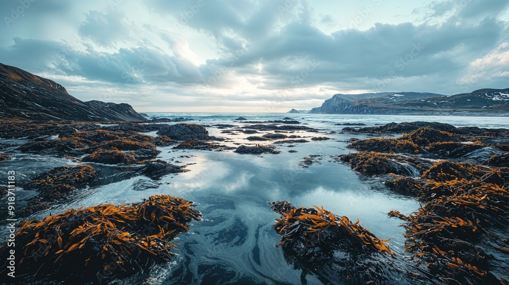 Obraz premium a body of water surrounded by rocks and grass