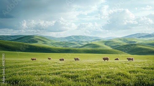 a herd of sheep grazing on a lush green hillside