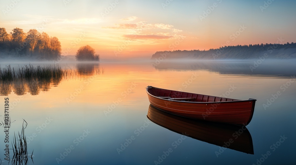 Obraz premium a boat floating on top of a lake next to a forest