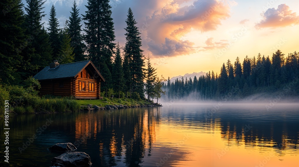 Fototapeta premium a cabin sits on the shore of a lake