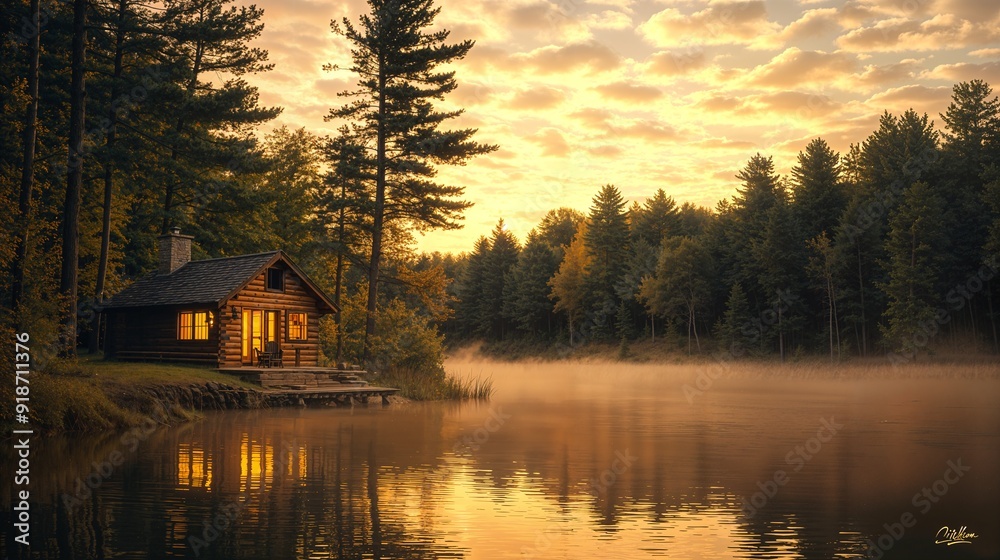 Obraz premium a cabin sits on the shore of a lake as the sun sets
