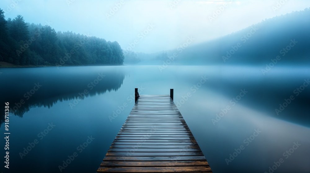 Naklejka premium a dock in the middle of a lake on a foggy day