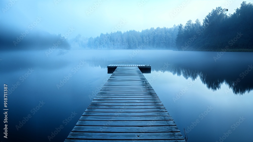 Fototapeta premium a dock in the middle of a lake on a foggy day