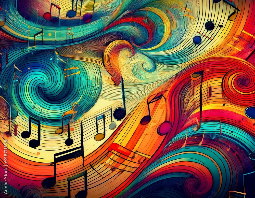 Colorful musical notes pattern on sheet music