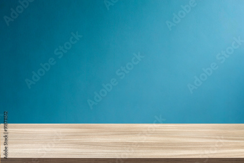 Empty wooden table top and color blue wall background for showing products and advertisers. Template mock up for display of product. product promotion in the wall. for display or montage.