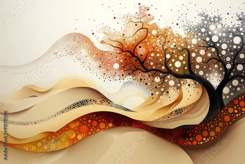 Abstract dot and line illustration of a gnarly old tree in autumn colors with a finely patterned hilly background, in black, orange, tan, gray and blue
