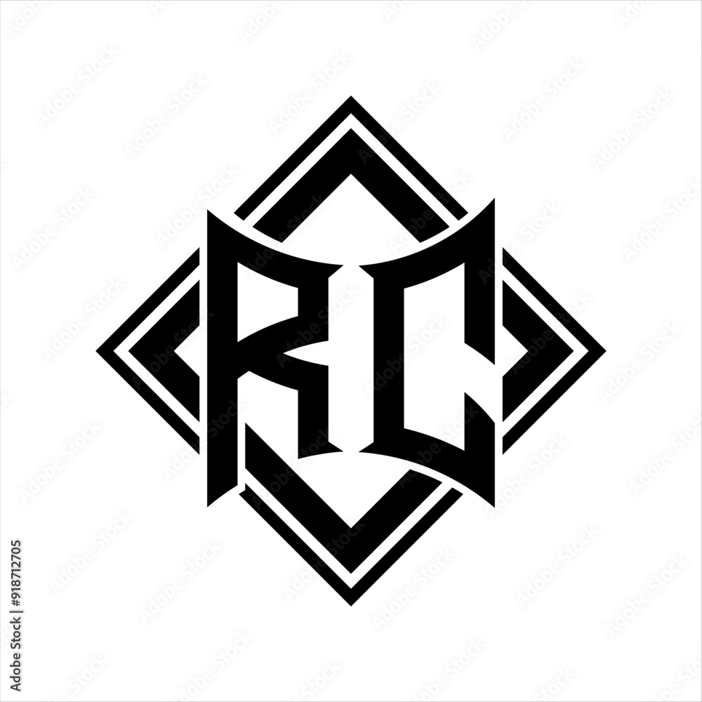 RC Letter logo with abstract shield shape with square black outline on white background design RC Letter logo with abstract shield shape with square black outline on white background design