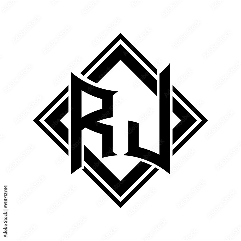 RJ Letter logo with abstract shield shape with square black outline on white background design RJ Letter logo with abstract shield shape with square black outline on white background design