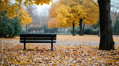 a park bench in the middle of a leaf covered park