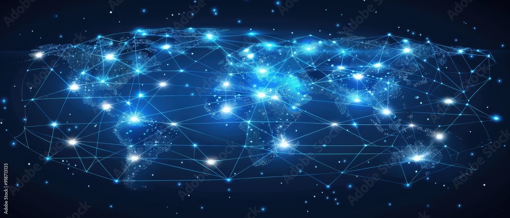 Obraz premium A stylized world map with bright, interconnected data paths, representing global digital communication on a dark, modern background