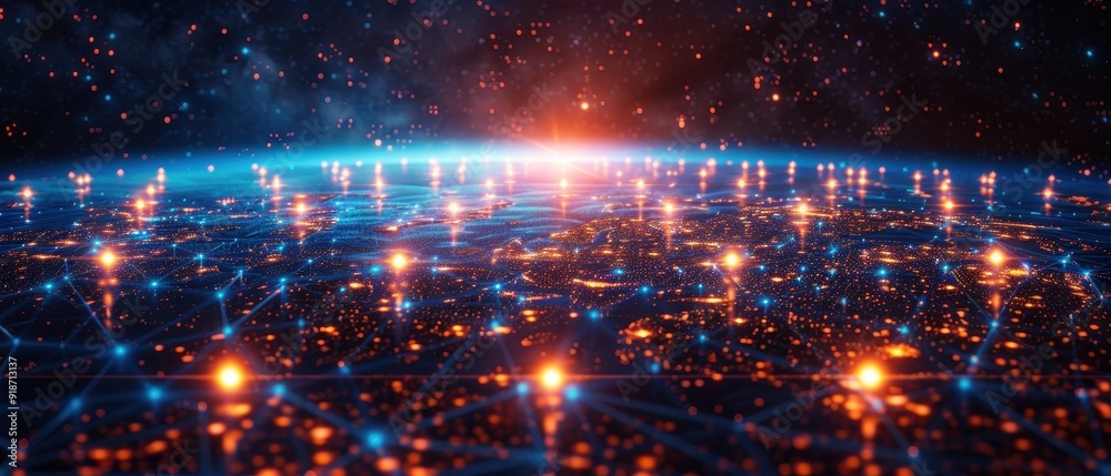 A glowing digital world map with animated connections representing global networks, set against a deep blue background A glowing digital world map with animated connections representing global networks, set against a deep blue background