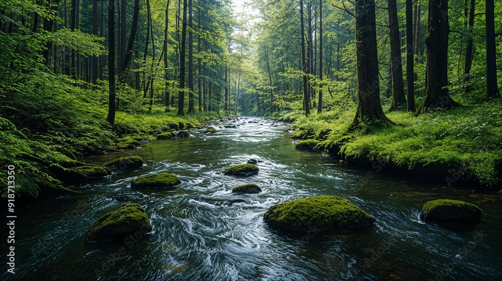 Obraz premium a stream running through a lush green forest