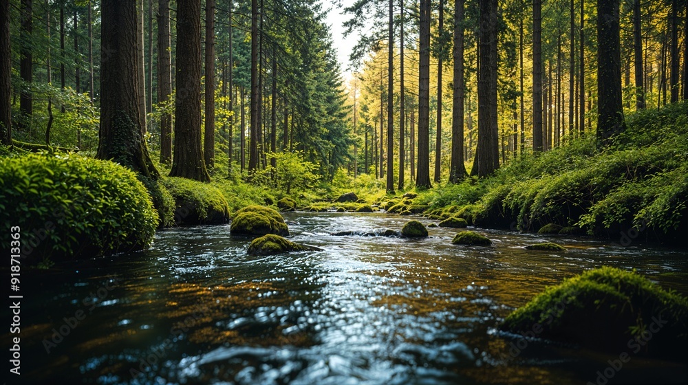 Obraz premium a stream running through a lush green forest
