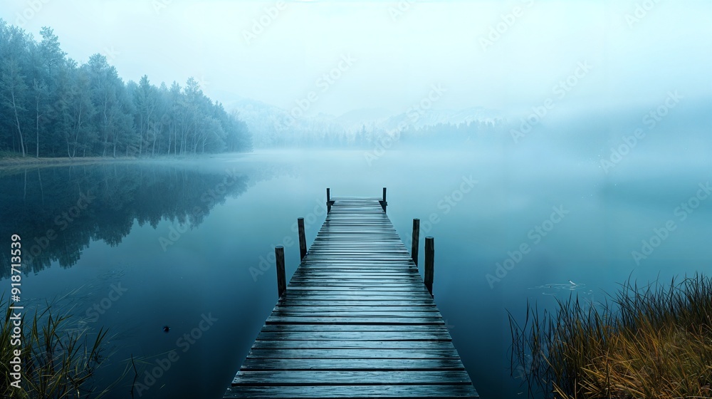 a dock in the middle of a lake on a foggy day a dock in the middle of a lake on a foggy day