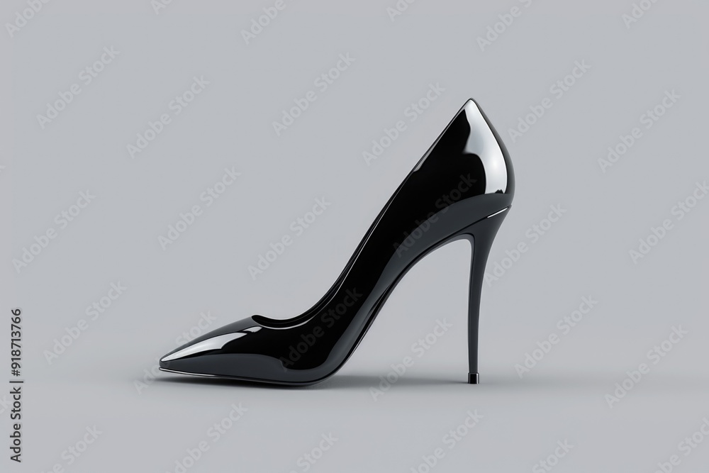 A single black high heeled shoe on a gray background, useful for fashion and lifestyle photography A single black high heeled shoe on a gray background, useful for fashion and lifestyle photography