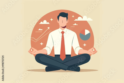 illustration of a businessman meditating in various styles and positions with a background of graphs and charts