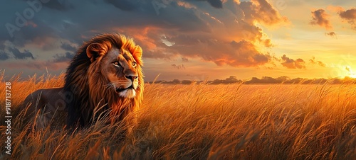 1. A majestic lion in a savannah setting with golden grass and a dramatic sunset