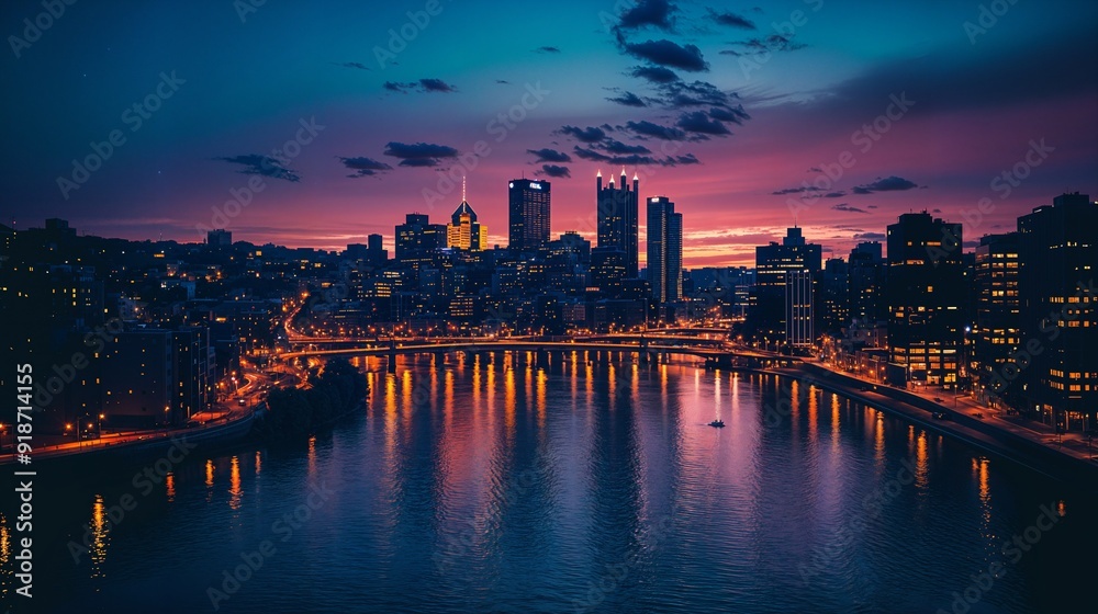 Fototapeta premium a view of a city at night from across a river