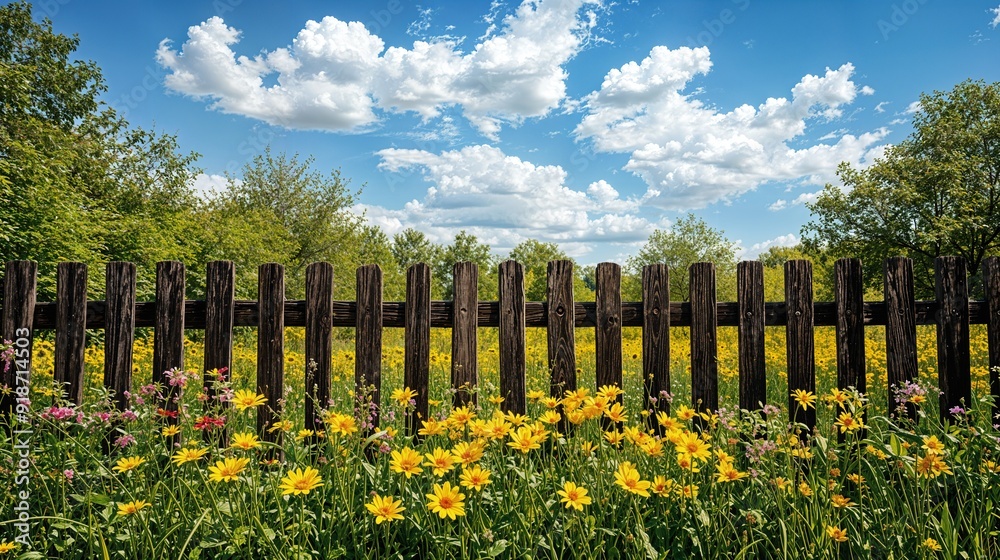 Fototapeta premium a field full of yellow flowers next to a wooden fence