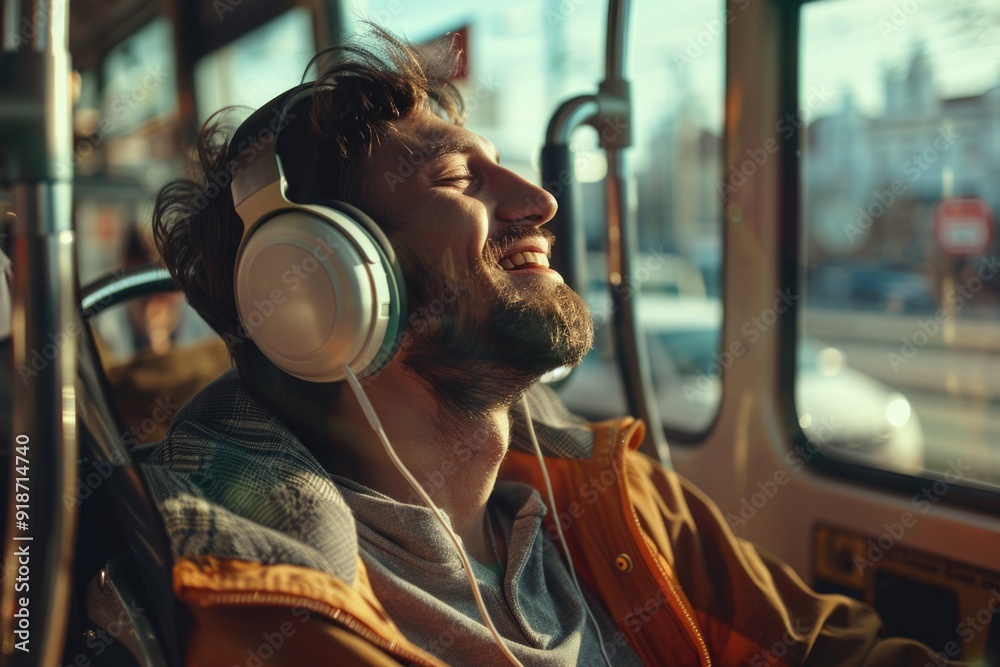 A person wearing headphones sits on a bus, perfect for depicting modern commuting or urban lifestyle A person wearing headphones sits on a bus, perfect for depicting modern commuting or urban lifestyle