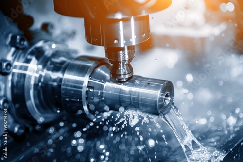 CNC machine precisely milling a metal cylinder with coolant splashing, showcasing advanced manufacturing and machining technology in an industrial setting.