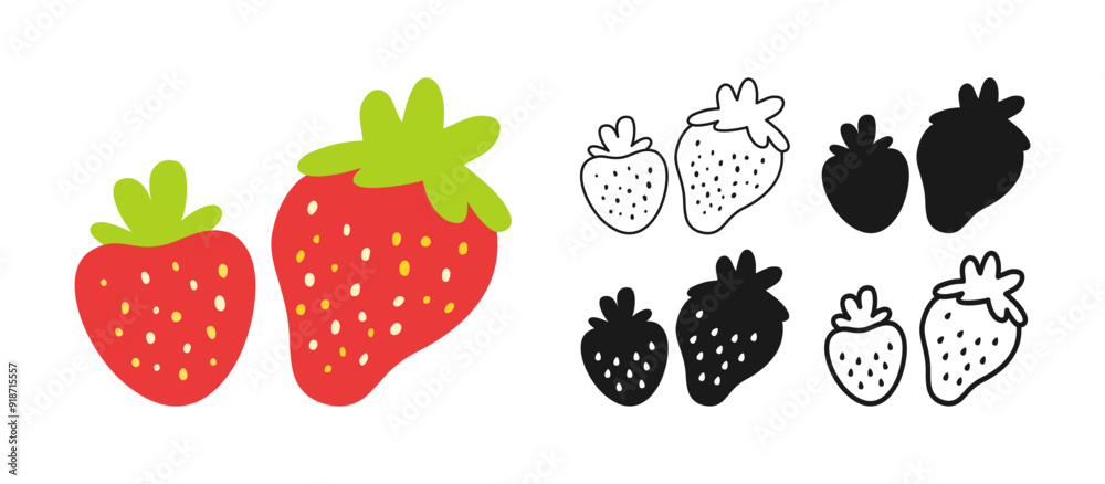 Strawberry symbol cartoon set. Whole ripe strawberry linear doodle icon. Abstract sweet childish hand drawn kawaii berry. Sign graphic stylized silhouette shape berry. Vector simple art illustration Strawberry symbol cartoon set. Whole ripe strawberry linear doodle icon. Abstract sweet childish hand drawn kawaii berry. Sign graphic stylized silhouette shape berry. Vector simple art illustration