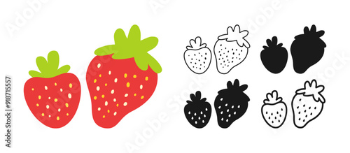 Strawberry symbol cartoon set. Whole ripe strawberry linear doodle icon. Abstract sweet childish hand drawn kawaii berry. Sign graphic stylized silhouette shape berry. Vector simple art illustration