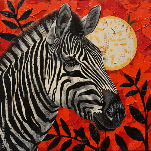 
Art life of close up zebra in nature, block print oranges and red style photo